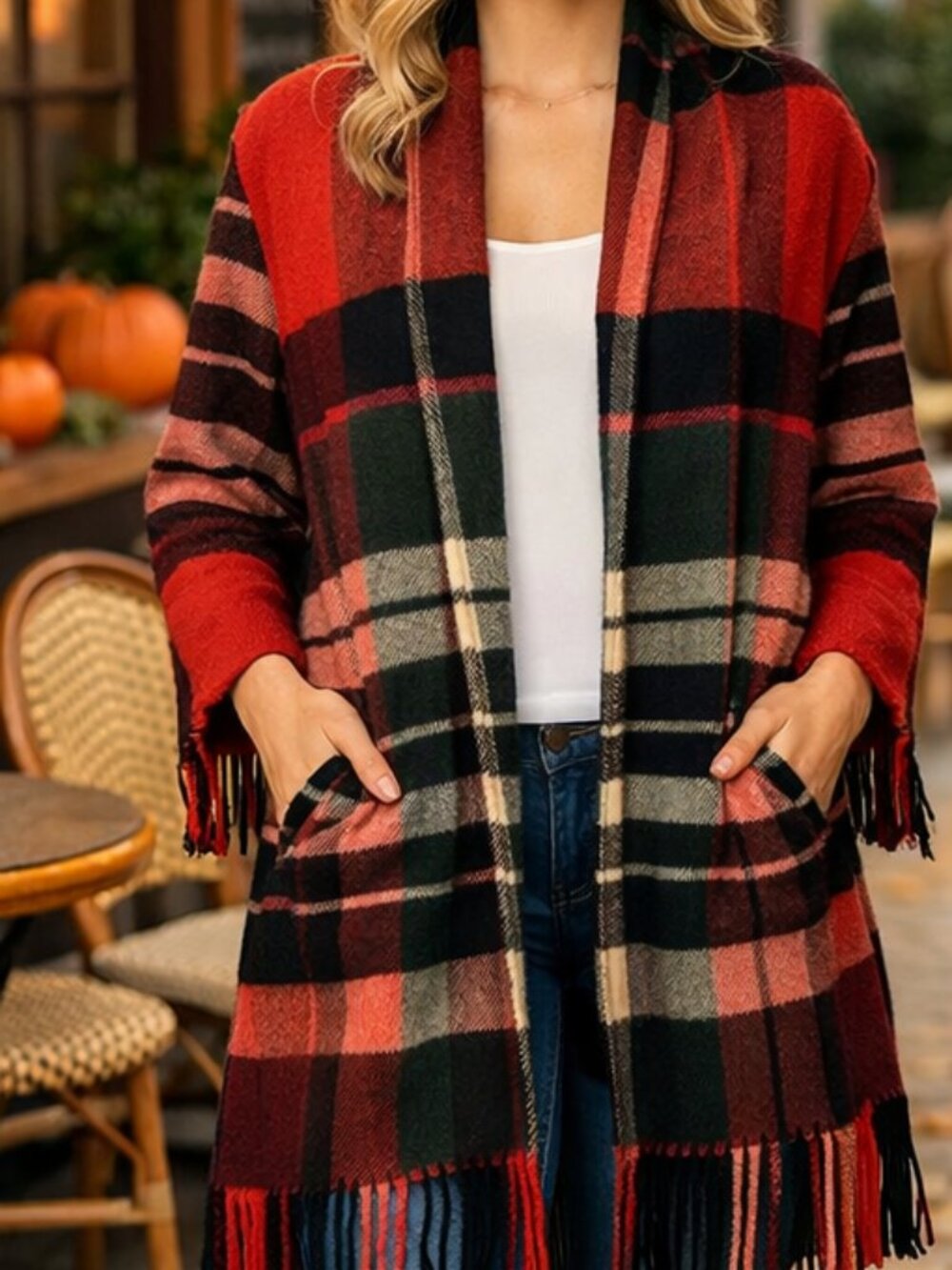 Plaid Fringe Coatigan